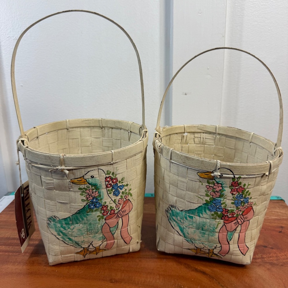 Palecek San Francisco Woven Duck Baskets Hand Painted Floral Pair Cream Set of 2